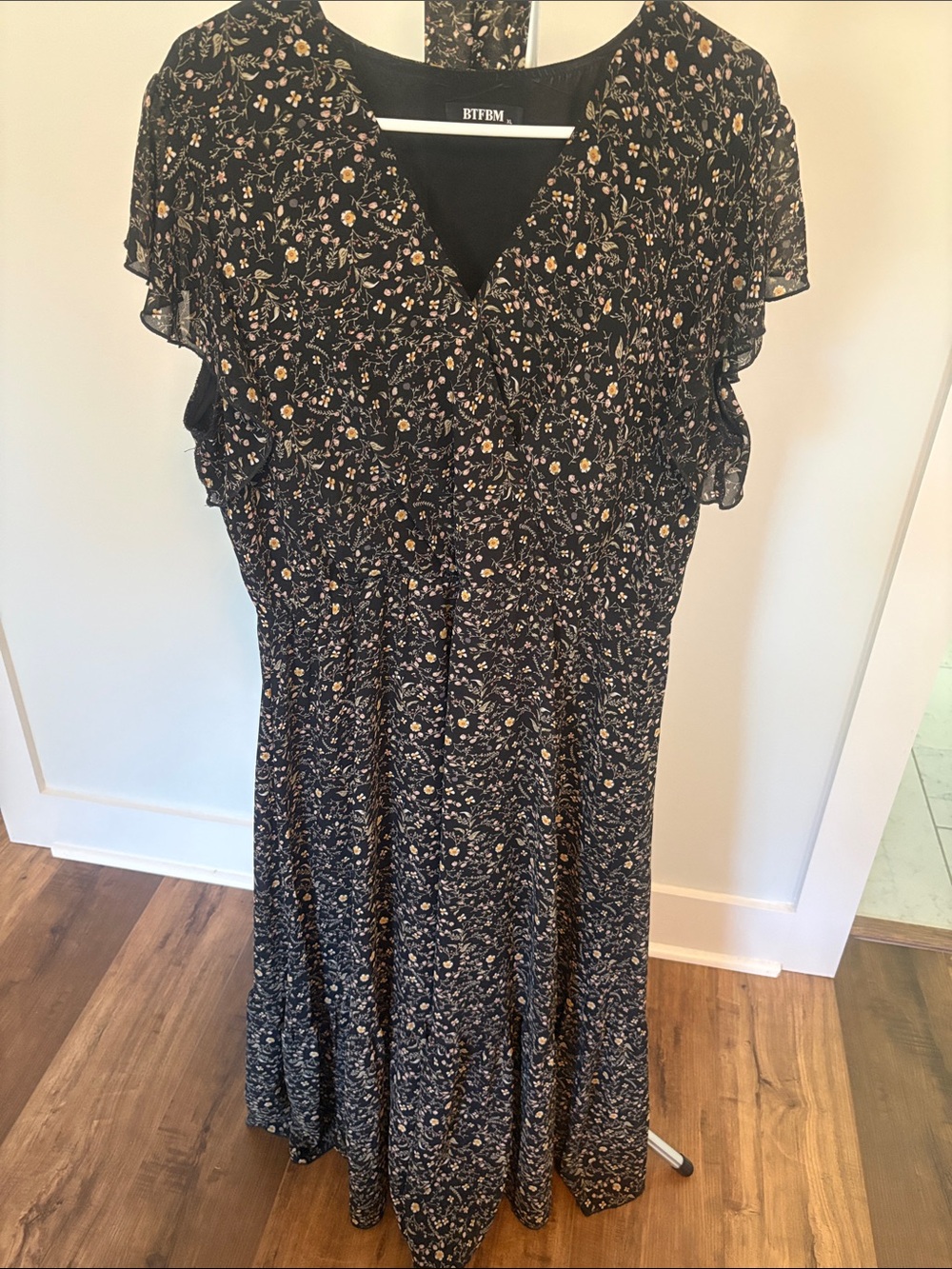 BIFBM Black Floral Maxi Dress with Flutter Sleeves